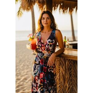 Weston Lined Mesh‎ Abstract  V-Neck Sleeveless Maxi Dress  XS USA